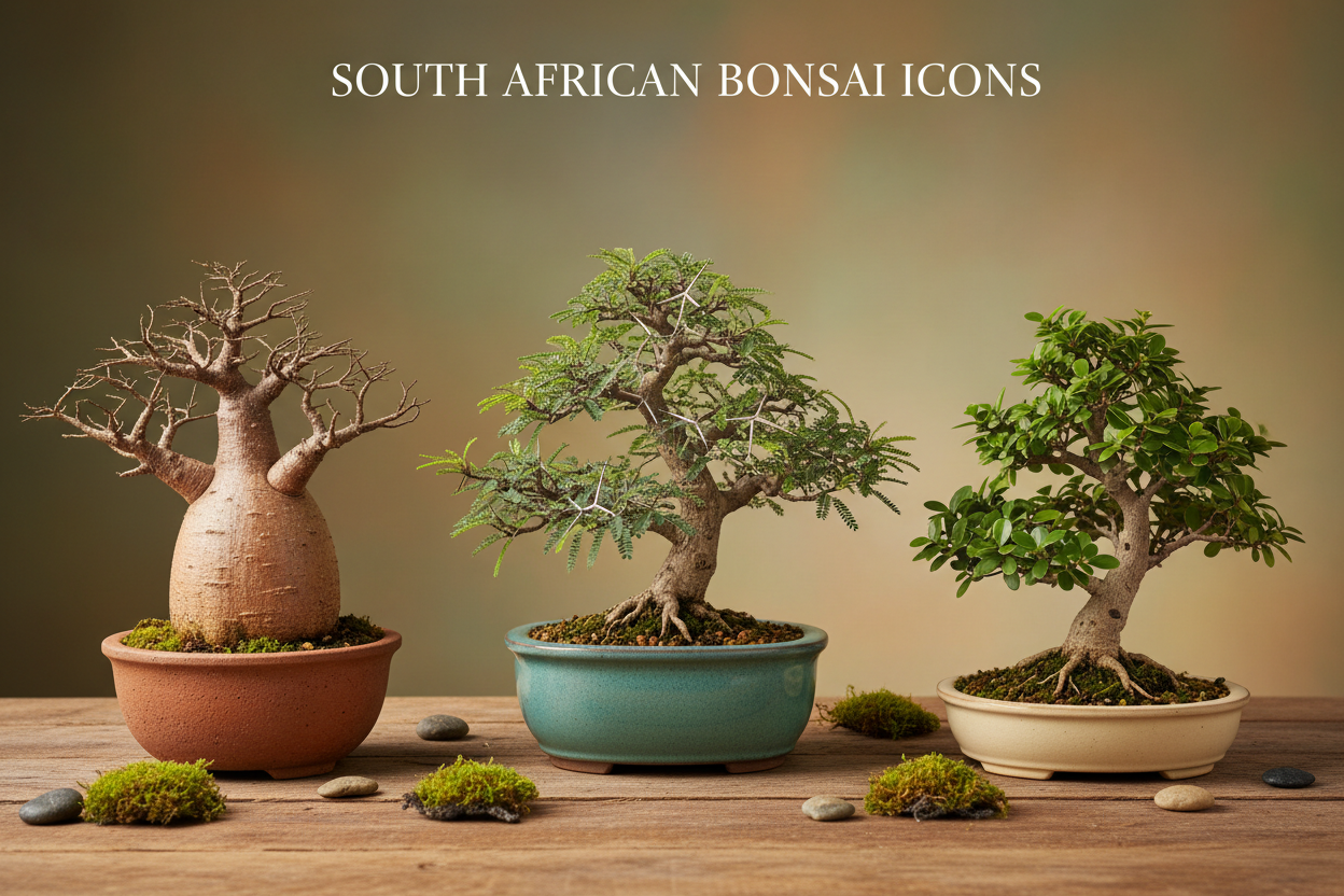 Three South African bonsai trees in pots on a wooden surface with a blurred background.