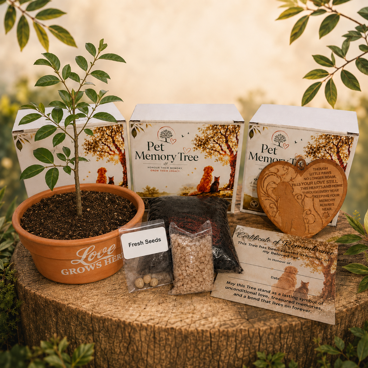 A pet memorial tree kit displayed on a tree stump outdoors, including a potted young tree, three branded boxes labeled 'Pet Memory Tree,' a wooden keepsake plaque, fresh seeds, soil, and a memorial card.
